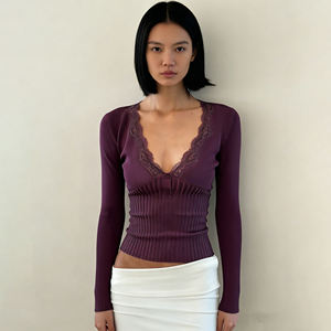 Boss Style Lace Patchwork V Neck Knitted T <b>Shirt</b> for Women, Slim Fit Button Front Purple Sexy Waist Shaping Inner Top - Product Image 6