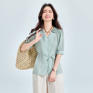 Camicetta da donna <span class=keywords><strong>bianca</strong></span> a maniche corte con scollo a V, nuovo design 2026, stile western con lacci, versatile. - Product Image 4