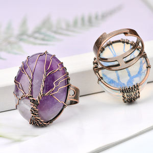 Bague en pierre naturelle avec arbre de vie, anneau réglable, fait à la main, style rétro, Vintage, fil de cuivre, ovale, pierres précieuses, cristal de guérison - Product Image 4