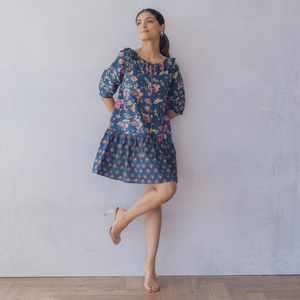 Vestido MIDI con Estampado Floral, Vestido Azul de Algodón con Mangas Abullonadas y Cuello con Volantes, Estilo Casual de Verano, Corte en A, Mini, Holgado - Product Image 1