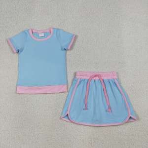 Toddler Girls Light Blue Pink Trim Short Sleeve T-shirt & Drawstring Ruffle Skort Set Summer Kids Casual Outfit Wholesale - Product Image 2