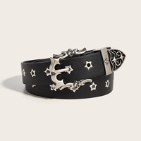 Ceinture à rivets Black Star pour femme, boucle en argent sculptée antique, style gothique rétro