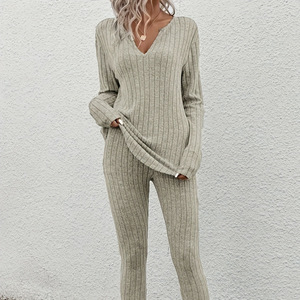 W4182 autunno abito Casual da donna in maglia tinta unita abito da casa a manica lunga a maniche lunghe pantaloni donna maglione Slim Set due pezzi - Product Image 3