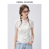 Chemisier blanc style Qipao VEGA CHANG pour femme, col mandarin avec boutons grenouille, haut jacquard à manches courtes, vente en gros