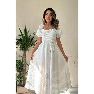 Vestido Blanco Bordado con Corte en A, Cuello Cuadrado, Cintura Natural, Tejido Transpirable, Informal para Uso Diario - Product Image 1