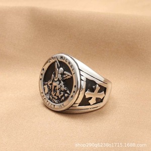 Bague de protection Saint Michel pour homme, en acier inoxydable argenté, forme croix, bijou tendance, cadeau pour toutes occasions - Product Image 3