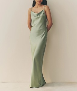 Sage Green Satin Floor-Length <b>Spaghetti</b> <b>Strap</b> Vintage Casual Summer Solid Hanging Neck Loose Comfortable Long Skirt - Product Image 4