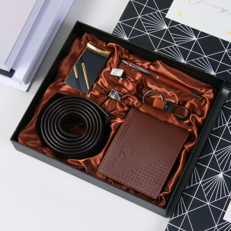 Ensemble curry 7 pièces-portefeuille boucle automatique-ceinture-clé-sac-stylo-manchette-cadeau