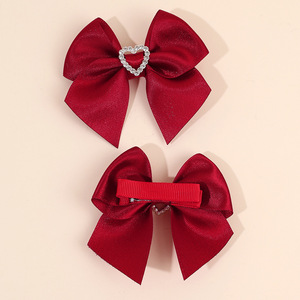 Rhinestone Heart Satin <b>Bow</b> Hair <b>Clips</b> Shiny Ribbon Barrettes For Girls Kids Party Hair Accessories - Product Image 2