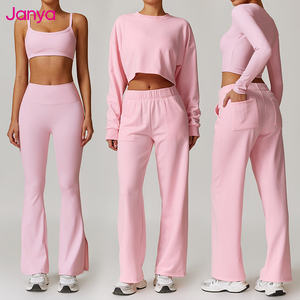 Abbigliamento sportivo Casual a vita alta pantaloni a gamba larga a manica lunga <span class=keywords><strong>sport</strong></span> Top <span class=keywords><strong>2</strong></span> pezzi tuta da allenamento abbigliamento Yoga Set Fitness da palestra Set da donna - Product Image 4