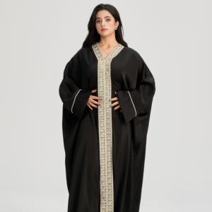 LM122 Robe Abaya de Luxe de Dubaï - Or Métallisé avec Broderies de Dentelle et Coupe Ajustable, Mode Pudique <span class=keywords><strong>Khaleeji</strong></span> OEM - Product Image 2