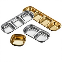 Plat carré multi-compartiments en acier inoxydable 304, style coréen moderne et minimaliste, pour sauces barbecue, design épaissi ; Plat