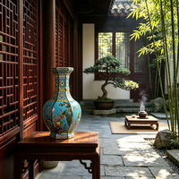 Vase en céramique hexagonal à motif floral de paon, nouveau style chinois, ornement de décoration intérieure en bois rouge