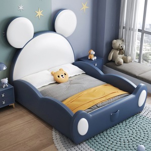 Lit enfant en bois massif style grandes oreilles JS, avec <span class=keywords><strong>sommier</strong></span> à <span class=keywords><strong>lattes</strong></span> en bois, ensemble de meubles de chambre en cuir souple - Product Image 4