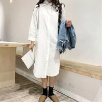 Robe Chemise Femme en Coton et Lin Unie à Boutonnage Simple, Haut Long Décontracté Printemps-Été