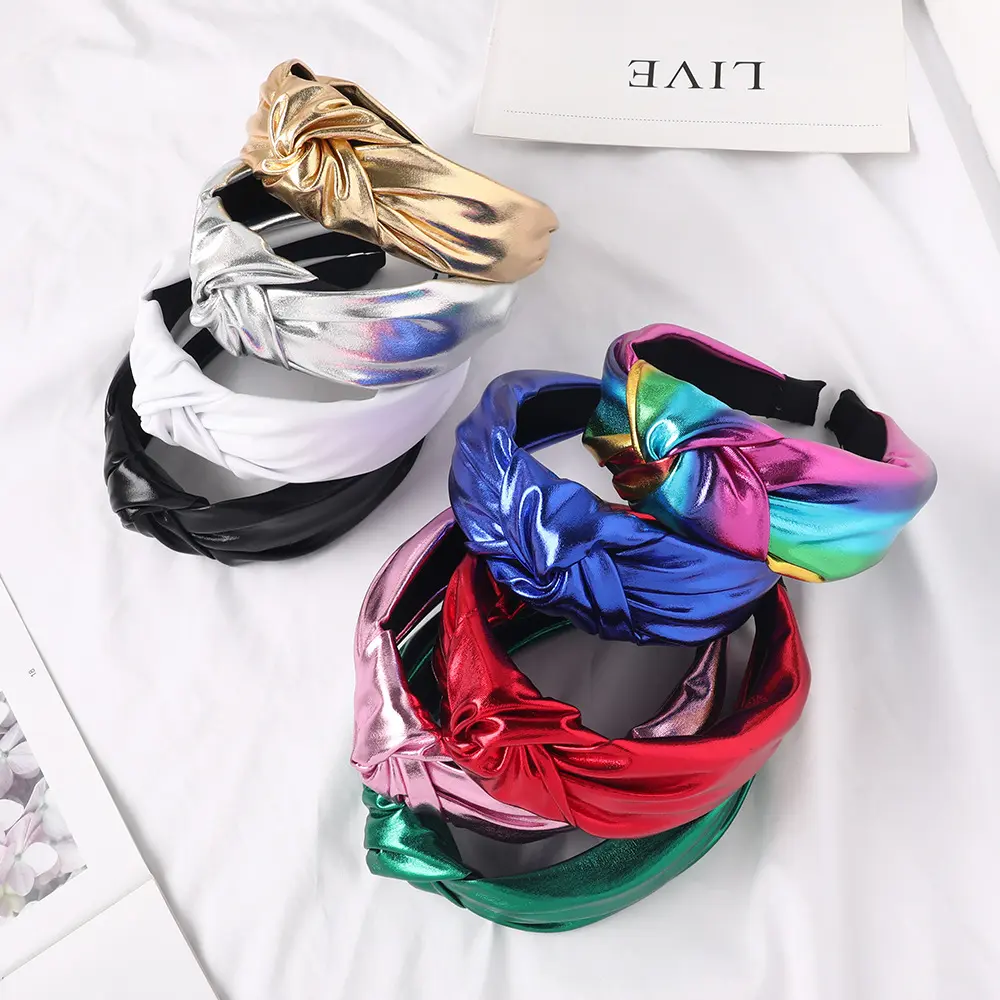 Wholesale Fashion PU Leather Twisted Top Knot Headband Women Designer Turban Wide Leather Hair Band Accessories for Girls