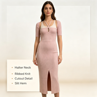 Robe en maille côtelée rose fendue à manches courtes pour femme, qualité supérieure, sur mesure OEM & ODM, vente en gros - Ashley Madi