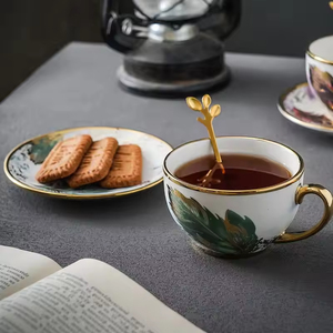 Light Luxury High-Value Sustainable Reusable Feather Ceramic Modern Floral Pattern 220ml Capacity Coffee Tea <b>Cup</b> <b>Set</b> Spoon - Product Image 3