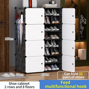 Étagère <span class=keywords><strong>à</strong></span> <span class=keywords><strong>chaussures</strong></span> multi-usage <span class=keywords><strong>à</strong></span> 4 niveaux en plastique, petite armoire de rangement <span class=keywords><strong>à</strong></span> <span class=keywords><strong>chaussures</strong></span>, couleur blanche noir, avec 2 portes - Product Image 3