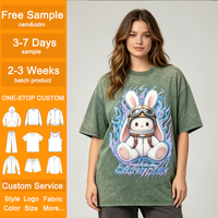 Kaos Wanita Vintage Oversize Warna Hijau Muda dengan Cetakan Grafis Kelinci Kartun Custom, Bahan Katun