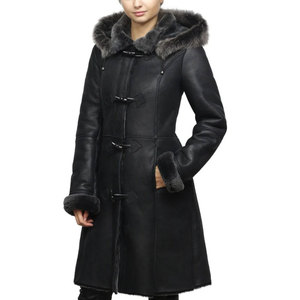 Manteau d'hiver long en cuir véritable avec capuche, doublure en fourrure, double boutonnage, coupe-vent, style décontracté - Product Image 1