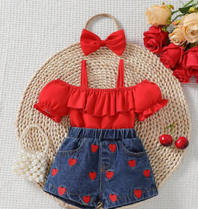 Set 3 Pezzi Nuovo Stile per <span class=keywords><strong>Bambina</strong></span> a Prezzo Ridotto, Maniche a Lanterna, Pantaloncini in Denim Ricamati, Completo Estivo per Ragazze - Product Image 2