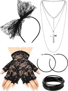 <strong>80s</strong> Fancy Dress Costume Cosplay Accessories Lace <strong>Headband</strong> Earrings Fishnet Gloves Necklace Bracelet for Halloween Retro Party - Product Image 2