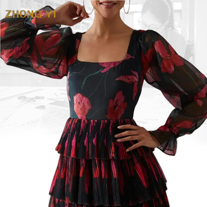 Customizzazione dei produttori di abbigliamento di lusso Premium da donna <span class=keywords><strong>con</strong></span> collo quadrato maniche lunghe svasate a strati floreale in <span class=keywords><strong>Tulle</strong></span> abito <span class=keywords><strong>corto</strong></span> causale - Product Image 2