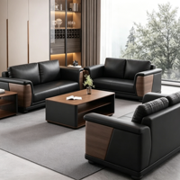 Ensemble de canapés de bureau modernes en cuir 3+2+1 places, canapé de réception exécutif avec table basse et accoudoirs en bois, mobilier de bureau de direction