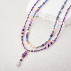 Collar con Colgante de Doble Capa de Amatista y Perla de Diseño Chic para Mujer, con Cuentas Incrustadas a la Moda - Product Image 2