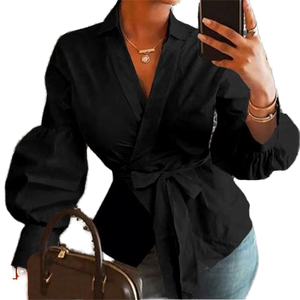 Blusa Negra Cruzada para Mujer con Mangas Abullonadas, Cuello Camisero, Color Sólido, Poliéster, Corte Regular, para Todas las Temporadas - Product Image 1