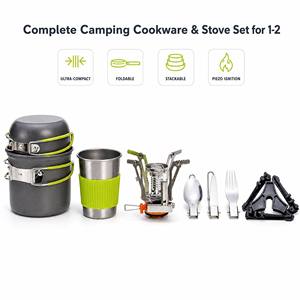 Draagbare Campingkookset met opvouwbaar gasfornuis voor 1-2 personen, geanodiseerde aluminium pannen, beker, bestek, picknick - Product Image 2