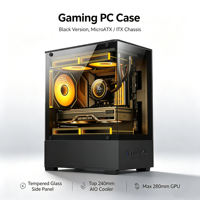 Boîtier PC Gaming MicroATX ITX avec panneau latéral en verre trempé, support pour refroidisseur liquide AIO 240 mm, compatible avec carte graphique jusqu'à 280 mm