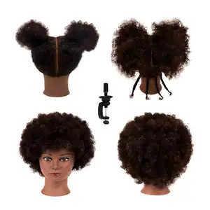 Manekin kepala boneka pelatihan rambut manusia, kepala boneka tata rias Afro untuk penata rambut dengan dudukan penjepit 100%