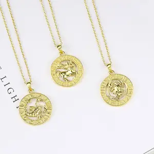 Bestone September Hot Selling Embossed Gold Plated Pendant Necklace Zodiac Coin Birth Necklace
