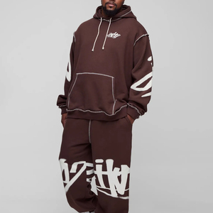 Men's Brown Oversized Hooded Sweatshirt Set With White Letter Print Pocket Fleece Tracksuit Autumn Wear - Product Image 1