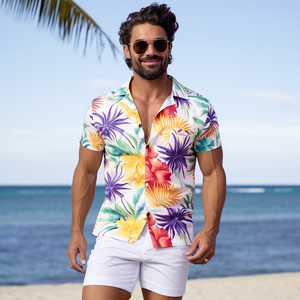 メンズシャツ65% ポリエステル35% レーヨン通気性のある夏のビーチバケーション完璧なフィットシャツハワイアントロピカルプリント - Product Image 1