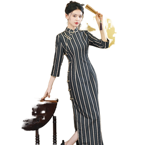 2023 Tang Zhi <span class=keywords><strong>Lian</strong></span> Retro negro Cheongsam vestido para mujer nuevo estilo chino manga larga versión de otoño ropa informal de mujer - Product Image 6