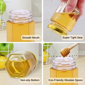 Tarros de miel, hexagonales de vidrio de 3 oz con cucharas dosificadoras |   Frascos Pequeños de Miel para Recuerdos, Regalos para Baby Shower y Bodas - Product Image 4