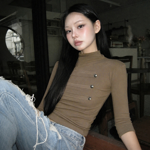 Women's <b>Mock</b> <b>Neck</b> Knit T Shirt Button Detail Three Quarter Sleeve Casual Solid Color Fashion <b>Top</b> - Product Image 1