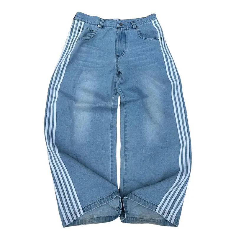 Custom OEM Street Wear Fashion Jogging Pants Side With Stripe With Embroidery Jeans Relax Fit Men's Jeans Baggy Jeans