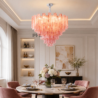 Lustre suspendu de luxe en verre de Murano rose craquelé, à tubes ronds superposés, 50 cm, avec chaîne réglable, ampoules E14, pour entrée