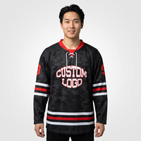 Maillot de hockey sur glace noir pour homme, manches longues, logo personnalisé sublimé, respirant, broderie 3D, anti-UV, vêtements de sport en coton/bambou