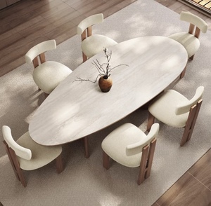 Juego de Comedor Extensible con Mesa Ovalada de Mármol y Madera Beige y Sillas para Uso en Casa, Apartamento o Villa - Product Image 1