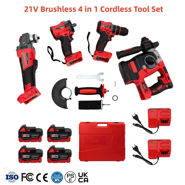 21V Brushless 4-in-1 Cordless Drill Impact Wrench Hammer Drill Set Lithium-Ion Battery OEM for Construction & Auto Repair