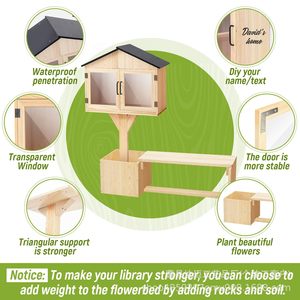 Ensemble bibliothèque miniature en bois pour extérieur avec banc et jardinière, rangement partagé pour livres, couleur bois naturel, durable - Product Image 4