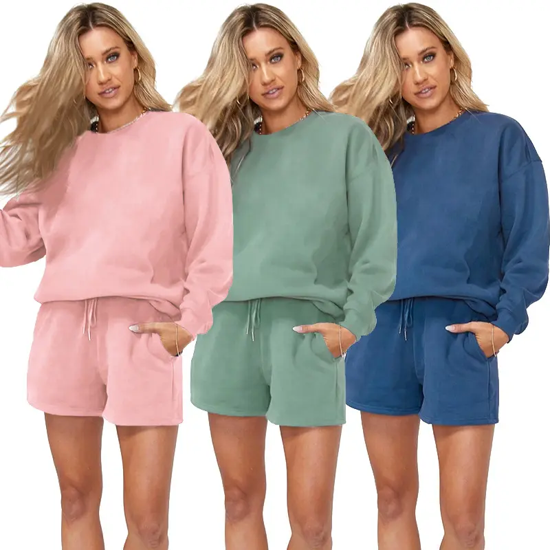 Solid ladies suits two piece sets shorts sweatshirts active wear jumper women's shorts long sleeve sweatshirt set spring 2022