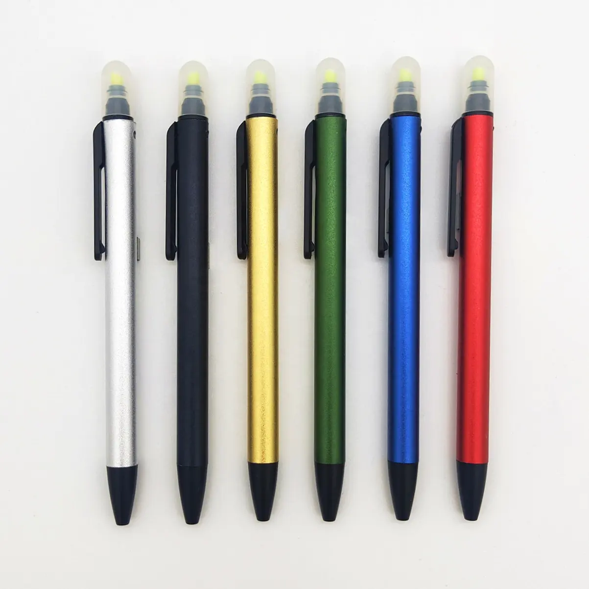 Metal tıklama vurgulayıcı ince tükenmez kalem özel baskı çift ipuçları tükenmez kalem renk vurgulayıcı combo çok renkli kalem