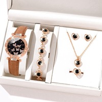 Set Perhiasan Wanita 5PCS: Jam Tangan, Cincin Kupu-kupu, Kalung, Anting, Jam Tangan Berlian Hati, dan Gelang Kasual