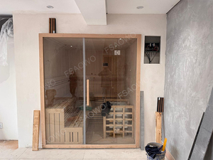 맞춤형 디자인 곡선 코너 사우나 힌든 조명 2 열 벤치 Harvia 스토브 큰 창 패널과 나무 - Product Image 3